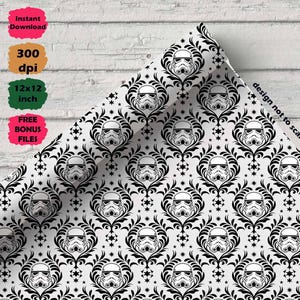May include: White and black patterned wrapping paper featuring a repeating design of Stormtrooper helmets within a damask pattern. The paper is 12x12 inches and has a 300 dpi resolution.