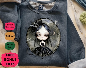 Gothic Lolita Puppe PNG, dunkle Kunst Sublimation, Emo Mädchen Clipart, T-Shirt Hoodie digitaler Download, Aquarell Illustration