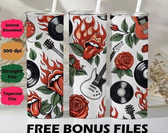 May include: Three stainless steel tumblers with white straws. The tumblers feature a rock and roll design with guitars, roses, vinyl records, and flames on a white background. The text "FREE BONUS FILES" is at the bottom.