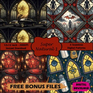 Puede incluir: Una colección de arte digital con cuatro patrones sin costuras con temática sobrenatural. Los diseños incluyen vidrieras, coches clásicos e imágenes góticas. El texto dice "Super Natural 1", "12x12 pulgadas - 300DPI Descarga instantánea" y "4 patrones digitales sin costuras".