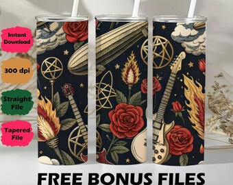May include: Three stainless steel tumblers with white straws, featuring a dark blue background with illustrations of roses, guitars, pentagrams, and a zeppelin. The text "FREE BONUS FILES" is at the bottom.