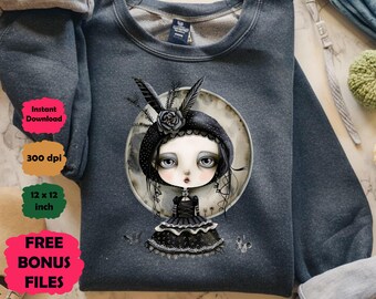 Gothic Puppe TShirt Design, viktorianischer Mädchen Hoodie, dunkle Kunst digitaler Download, Emo Ästhetik T-Shirt, Fantasy Clipart