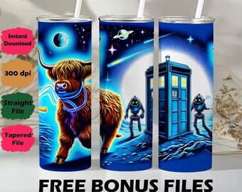 May include: Three stainless steel tumblers with white straws feature a vibrant design. One tumbler showcases a Highland cow with a neon blue collar against a night sky. The other two depict a blue police box and robots in a space scene. Text reads "FREE BONUS FILES."