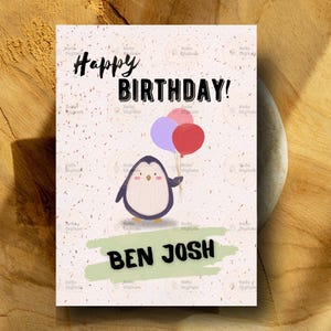 Birthday card penguin theme editable card cute birthday underwater playful animal with balloon adorable penguin DIY card for party