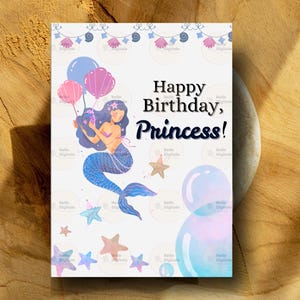 Carte d'anniversaire modifiable thème sirène anniversaire magique sous-marine ludique princesse petite sirène fantaisie carte d'anniversaire spéciale pour la fête