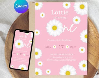 Faire-part pour le premier anniversaire de Marguerite - modèle de toile modifiable (téléchargement numérique 5 x 7 po. PDF/JPG/PNG)
