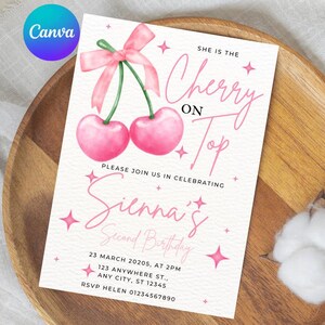 Convite de aniversário de menina cereja Convite de cereja no topo Convite de coquete Convite de laço rosa com frutas vermelhas Convite de aniversário de menina moderna