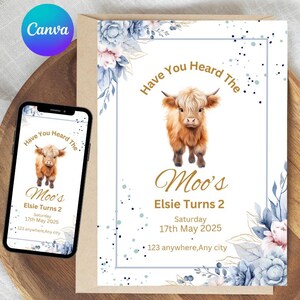 Highland cow Party Invitation. Birthday Invite - blue theme - Highland cow  Printable Invite - have you heard the moos invite digital invite