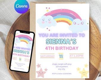 May include: A colourful invitation for Sienna's 4th birthday party. The invitation features a rainbow with clouds and stars. The text reads "You are invited to Sienna's 4th Birthday" with the date and time of the party. The invitation also includes the location of the party and an RSVP contact.