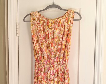 1960s Orange pink floral pleated dress Greek goddess