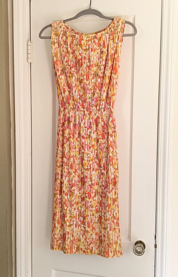 1960s Orange pink floral pleated dress Greek godde