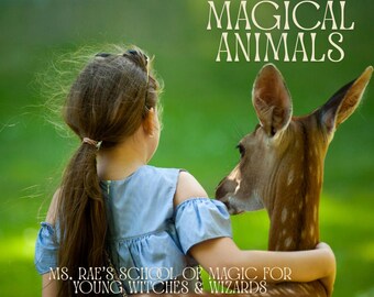 Pode incluir: Uma jovem com um vestido azul abraça um veado, com o texto "MAGICAL ANIMALS" e "MS. RAE'S SCHOOL OF MAGIC FOR YOUNG WITCHES & WIZARDS" em uma fonte caprichosa sobre um fundo verde. A imagem evoca fantasia.