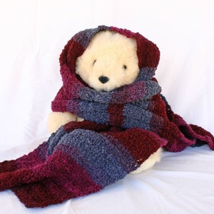 Crochet scarf red maroon gray stripes soft winter wrap wide neckwarmer neckwear pretty fashion accessory warm feminine fluffy