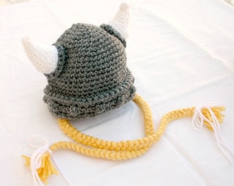 Viking baby hat with ties 3-6 month gray white yellow beanie photography prop cap horns braided Norse costume infant grey hair soft helmet