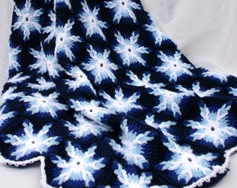 Crochet afghan PDF PATTERN looped hexagons granny square throw blanket snowflake sunburst home decor lap cover bedding warm winter