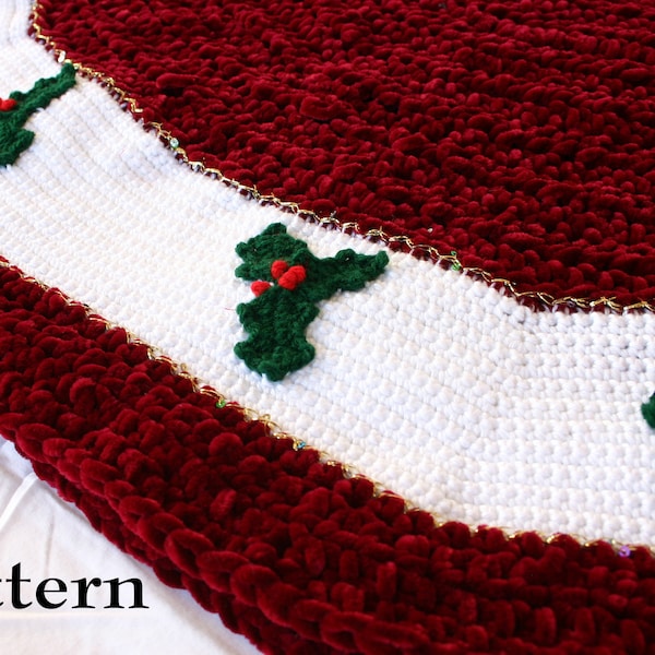 Tree skirt PDF crochet PATTERN Christmas home decor holiday decoration large 48" soft holly leaves berries elegant round festive