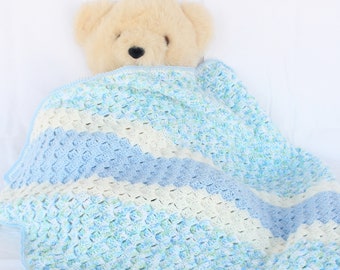 Crochet baby afghan blue white green diagonal stripes small newborn blanket boy square throw nursery decor corner to corner acrylic washable