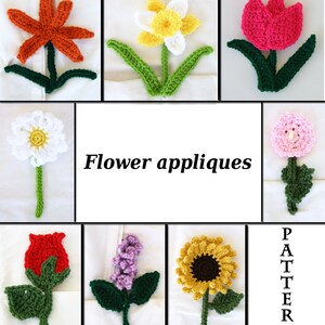 Può includere: Una collezione di nove applicazioni di fiori all'uncinetto in vari colori, tra cui rosso, rosa, giallo, arancione, bianco e viola. I fiori sono disposti in una griglia su uno sfondo bianco. Il testo "Flower appliques" è scritto in lettere nere sotto i fiori.
