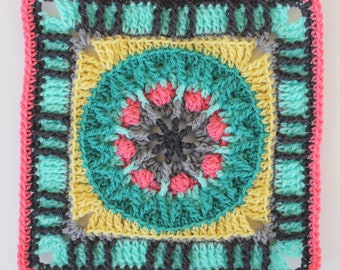 Flower Box granny square PDF crochet PATTERN 12 inch afghan block circle center cables front post stitches popcorns clusters