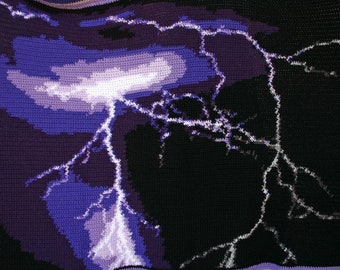 Crochet afghan lightning bolt electrical storm throw lap blanket purple black white grey gray bedding home decor weather image nature sky