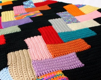 Crochet afghan scrap yarn throw blanket quilt style home decor black colorful bedding red orange yellow green blue purple pink brown