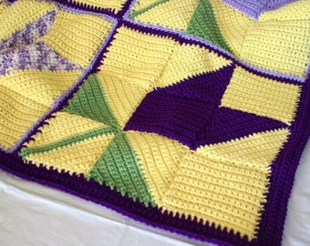 Crochet afghan large flower blanket tulip throw purple yellow green bedding spring home decor granny squares pretty