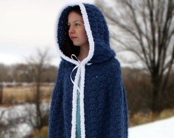 Crochet hooded cape child medium country blue white cloak Halloween costume accessory long winter children warm ribbon ties shell stitch