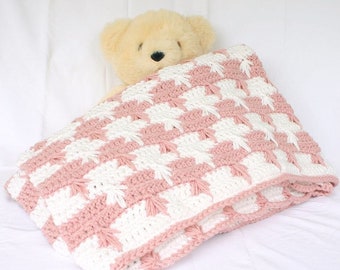 Crochet afghan pink white throw lap blanket double straned thick leaves bedding bulky home decor feminine stripes warm winter washable