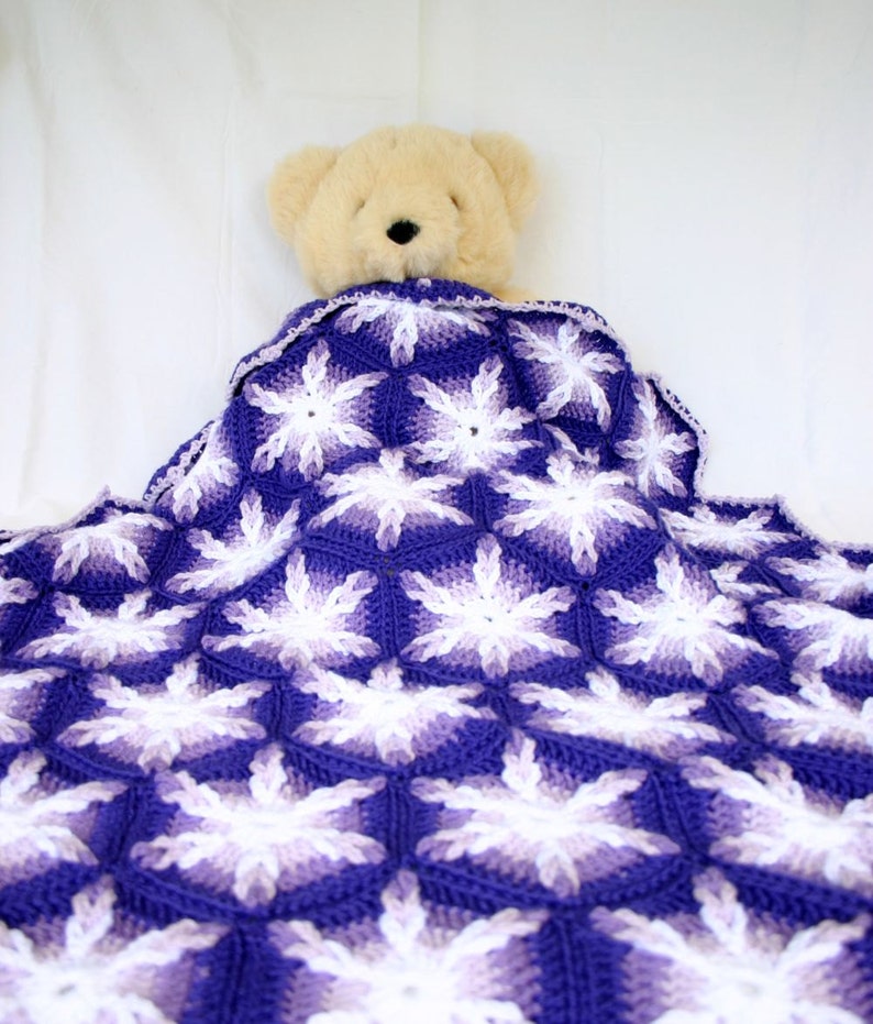 Crochet throw afghan hexagons purple white lavender couch blanket six sided home decor lap cover pretty feminine bedding washable warm