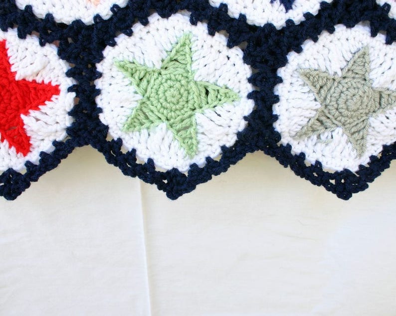 Crochet stars afghan navy blue white colorful couch throw blanket kid bedding child scrap yarn hexagons granny square home decor green red image 5