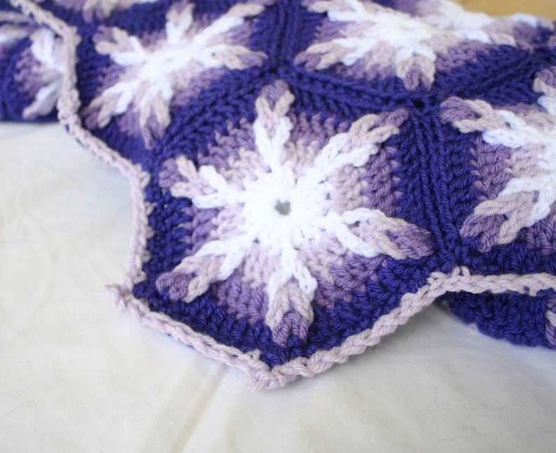 Crochet throw afghan hexagons purple white lavender couch blanket six sided home decor lap cover pretty feminine bedding washable warm