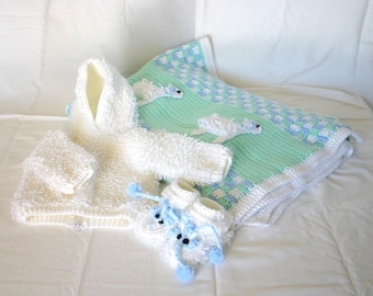 Baby sheep layette 6 month crochet set white green blue jacket blanket booties shoes lamb boy loops farm animal sweater photography prop