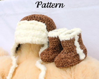 Baby Flieger Mütze und Stiefel PDF Häkelanleitung 0-3 Monate braun weiß Baby Fliegermütze Fotografie Requisiten Schühchen