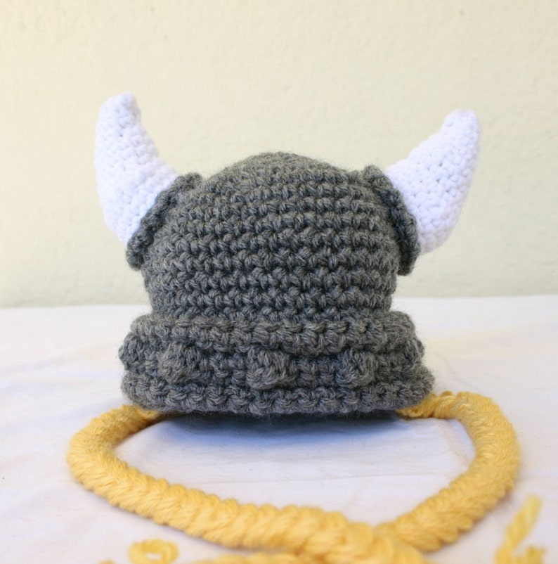 Viking baby hat PDF crochet PATTERN 6-36 month gray white yellow beanie cap horns braided Norse costume infant grey hair soft helmet image 3