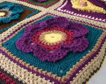 Crochet flower afghan granny squares scrap yarn throw blanket large blocks red green purple yellow brown blue pink colorful bedding floral