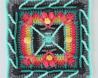 Mirrored Tulip granny square PDF crochet PATTERN 12 inch afghan block flower motif cables front back post stitches popcorns