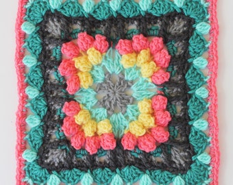 Bouquet of Tulips granny square PDF crochet PATTERN 12 inch afghan block motif cables front post stitches clusters popcorns