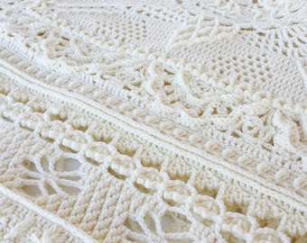 Crochet afghan square throw lap blanket off white cream colored elegant textured bedding couch home decor stitch sampler washable