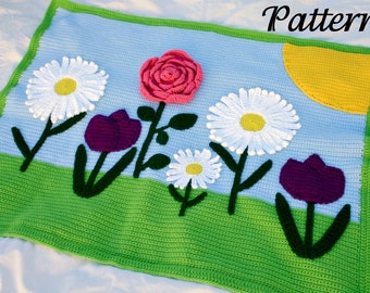 Flowers afghan crochet PDF PATTERN throw blanket scene spring daisy tulip rose sun green pink purple blue white yellow pretty