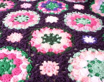 Crochet afghan purple pink green throw blanket scrap yarn granny square lap couch home decor floral bedding feminine coverlet