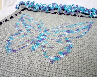 Crochet afghan butterflies throw blanket home decor bedding grey gray purple blue white aqua turquoise teal loops wavy border blocks squares