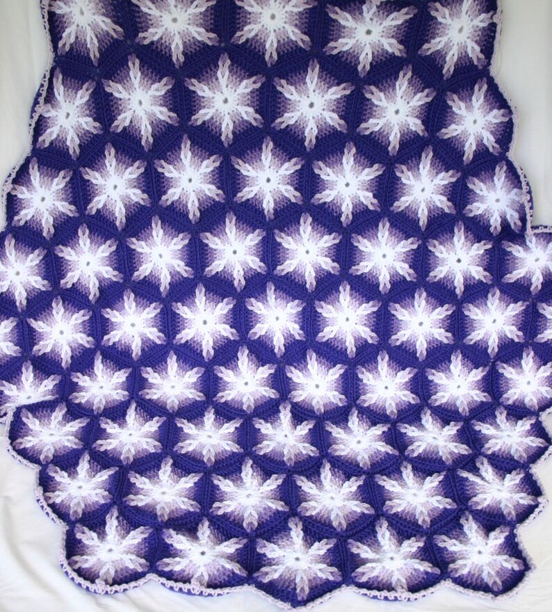 Crochet throw afghan hexagons purple white lavender couch blanket six sided home decor lap cover pretty feminine bedding washable warm
