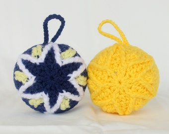 Crochet ornament set of 2 Christmas bauble yellow blue white ball large 3 inch star pattern winter holiday home decor