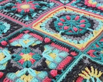 Crochet afghan 12 inch granny square throw pink orange green teal grey yellow lap couch blanket bedding floral home decor unique