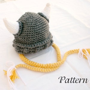 Viking baby hat PDF crochet PATTERN 6-36 month gray white yellow beanie cap horns braided Norse costume infant grey hair soft helmet image 1