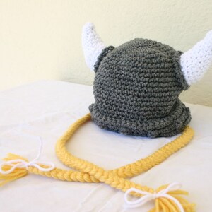 Viking baby hat PDF crochet PATTERN 6-36 month gray white yellow beanie cap horns braided Norse costume infant grey hair soft helmet image 5