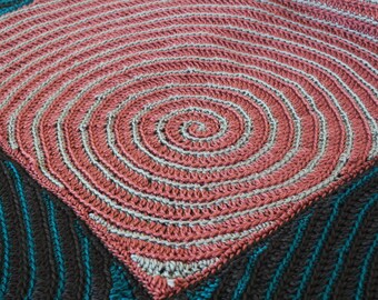 Crochet afghan spiral teal grey pink thow vortex blue green striped squares modern lap blanket couch home deocr circles bedding