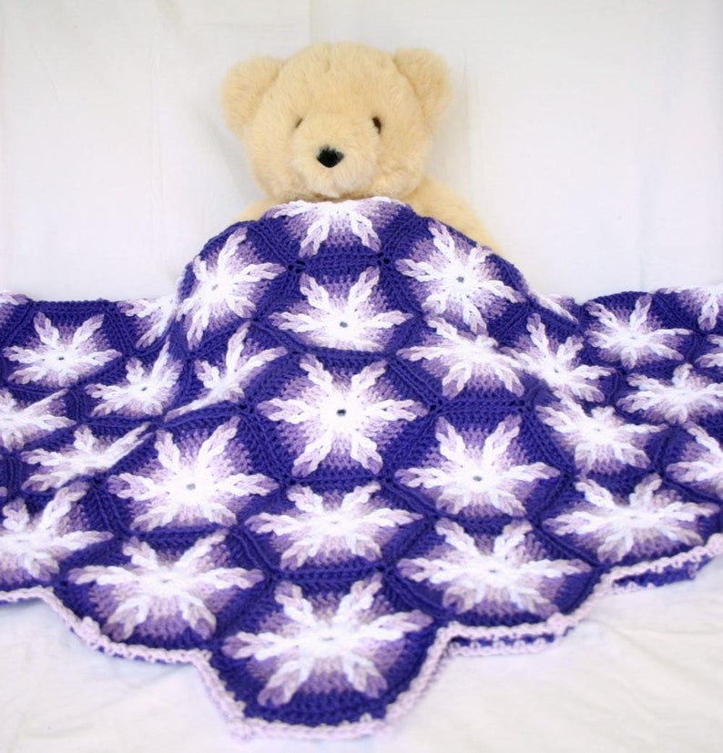 Crochet throw afghan hexagons purple white lavender couch blanket six sided home decor lap cover pretty feminine bedding washable warm