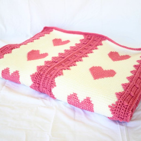 RESERVED Crochet afghan pink white hearts throw blanket couch Valentines Day off white cross stitch home decor love feminine coverlet woman