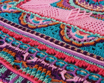 Crochet afghan square throw square lap blanket pink blue purple orange peach green colorful bedding couch home decor stitch sampler washable